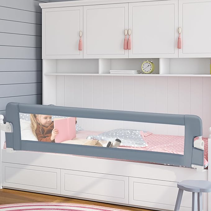 BABY JOY Double Sided Bed Rail Guard, 2 Pack, Extra Long, Swing Down for Convertible Crib, Folding Baby Safety Bedrail for Kids Twin Full Size Queen King Mattress, Rails for Toddlers (Light Gray, 71")