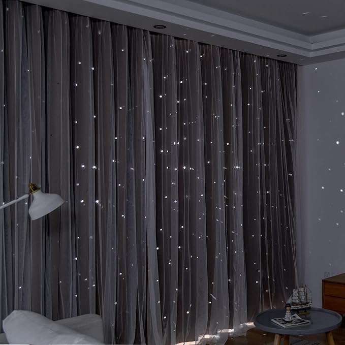 Kinryb Star Cutout Blackout Curtains Double Layer Curtains with Durable Sheer Curtains for Bedroom Thermal Insulated Window Treatment Set with 2 Free Tiebacks (52W x 72L 2 Panels Chocolate)