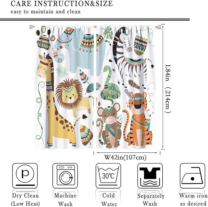 Jungle Tribal Animals Curtains, Southwest Aztec Cartoon Funny Zoo Animals Giraffe Lion Elephant Zebra Tiger Print Thermal Insulation Window Drapes for Kids Boys Girls Bedroom Living Room 84x84in