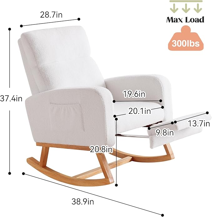 Rocking Chair Nursery with Foot Rest, Nursing Rocking Chairs for Mom Nursery, Teddy Rocker Glider with High Backrest for Living Room, Bedroom, White
