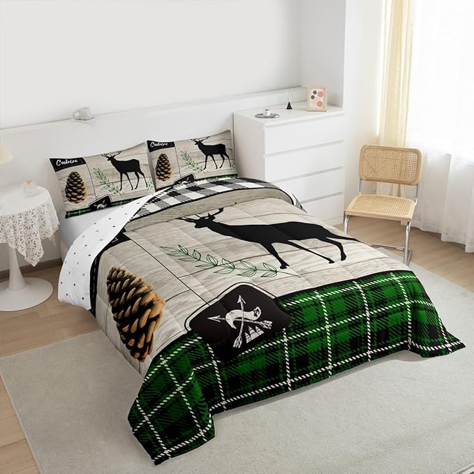 Deer Silhouette Kids Comforter Set Full Size,Old Plank Leaves Bedding,Girls Boys Adults Bedroom/Xmas Cabin Decor,Geometric Grid Plaid Retro Down Comforter,Rustic Farmhouse Duvet Insert,2 Pillowcases