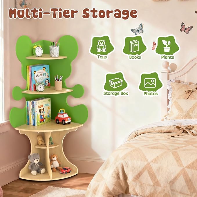 Bookshelf for Kids, Children Bear-Bookshelf, Space-Saving Montessori Toddler Corner Bookcase for Nursery, Classroom, Kindergarten, Kids Rooms
