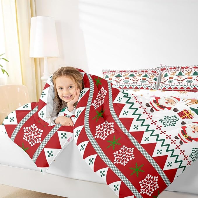 Feelyou Merry Christmas Comforter Set Queen Size Santa Claus Bedding Set for Kids Boys Girls Cute Deer Duvet Quilt Snowflake Bedroom Decor Microfiber 3 Pcs with 2 Pillow Cases