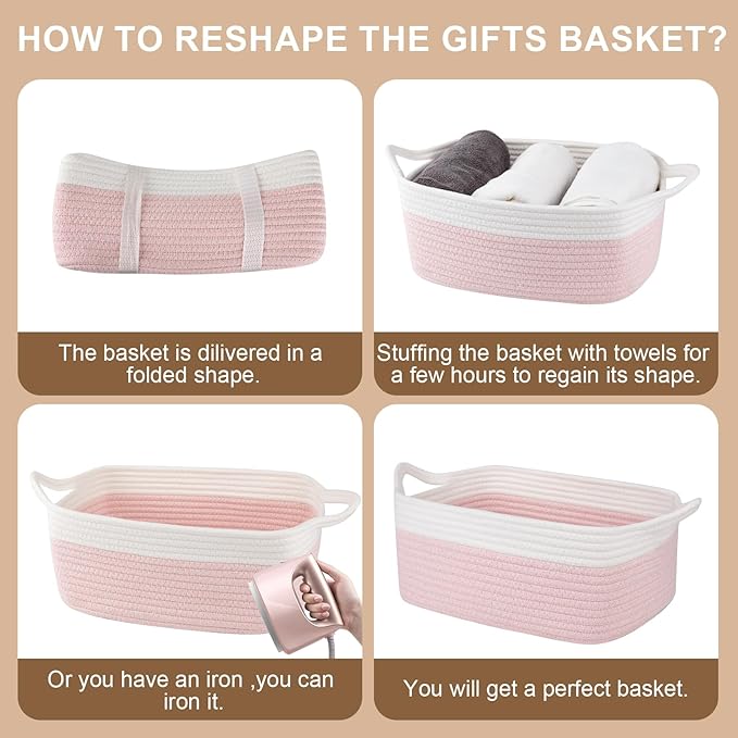 OIAHOMY Small Woven Rope Basket with Gift Bags and Ribbons, Gift Basket Empty for Baby Shower Birthday, Halloween, Christmas, Cute Cat Ear Handles for Shelf Living Room Bathroom, Grey & White