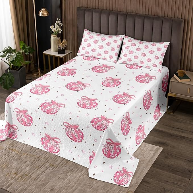 Bow Tie Princess Bedspread King Size,Western Cowgirl Disco Crystal Ball Dreamy Coverlet Set,Girls Women Room Decor,Star Bowknot Patchwork Romantic Quilted Coverlet,Pink Bedding Quilt,2 Pillowcases