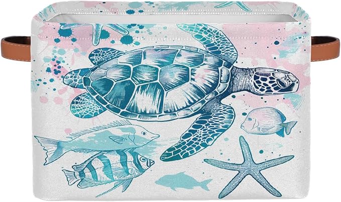 Sea Turtle Starfish Storage Basket for Shelves, Storage Bins with Handles, Collapsible Basket for Organizing, Closet Toy Baskets for Nursery Room, 15x11x9.5 in, Canvas, Ocean Tropical Fish