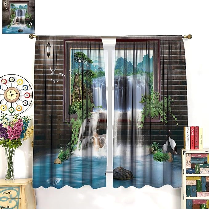 Waterfall Blackout Window Curtains, Tropical Rainforest Jungle Plants Forest Wild Nature Landscape Window Drapes, for Living Room Bedroom 42x45in 2 Panels