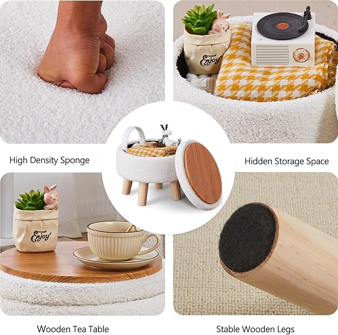 Wimarsbon Storage Ottoman, Modern Round Footrest with Soft Padded Seat, Teddy Velvet Footstool with Wood Legs, Accent Small Table or Plant Stand for Hallway, Living Room (Cream)