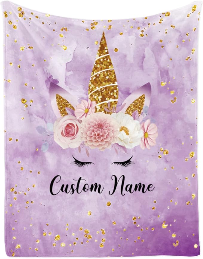 Custom Horse Blanket with Name for Girl, Personalized Name Blanket for Kids, Soft Flannel Purple Toddler Blanket Customized Gift for Birthday Christmas Baby Shower Children Day 40x50in