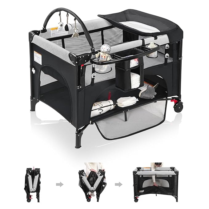 4 in 1 Baby Bassinet Bedside Crib with One-Hand Setup & Waterproof Mattress – ASTM-Certified Pack and Play, Portable Foldable Playard with Diaper Changer for Newborn to Toddler(Black)