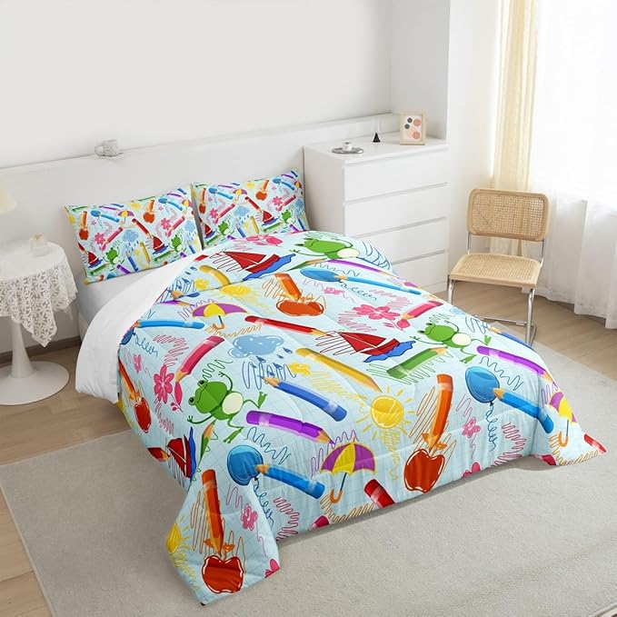Feelyou Kids Cartoon Pencil Comforter Set Queen Size, Colorful Nursery Bedding Set Cute Crayon Comforter for Kids Boys Girls Funny Art Printed Duvet Set Durable Bed Set 3Pcs
