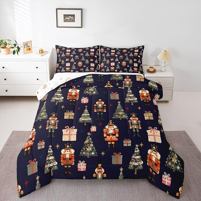 jejeloiu Xmas Nutcracker Comforter Set King Size Christmas Dark Blue Bedding Set for Kids Boys Girls Cute Snowflakes Duvet Quilt Bedroom Decor