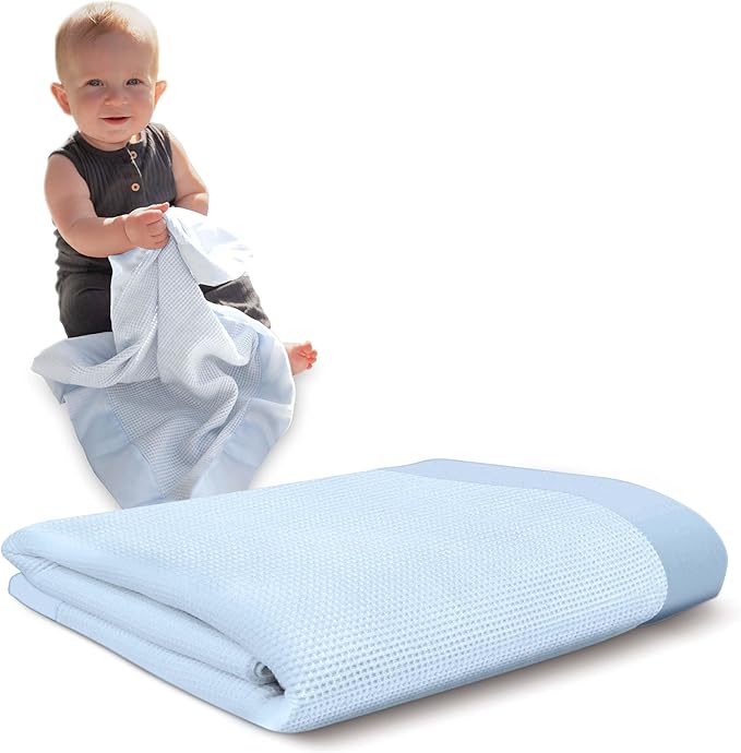 Thermal Waffle Knit Baby Blanket - Soft Breathable Mini Blanket for Newborns and Infants - Toddler Blankey for Strollers, Travel, Naptime, Nursery and More - 18" x 20" (Blue, Nylon Trim)