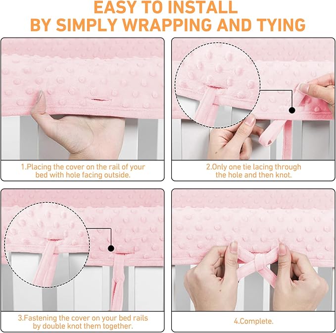 IULONEE 3pcs Baby Rail Cover Soft Side and Front Protector Wrap Bed Guardrail Protection for Teething 128x18cm/68x18cm Guard Rail Covers (Pink)