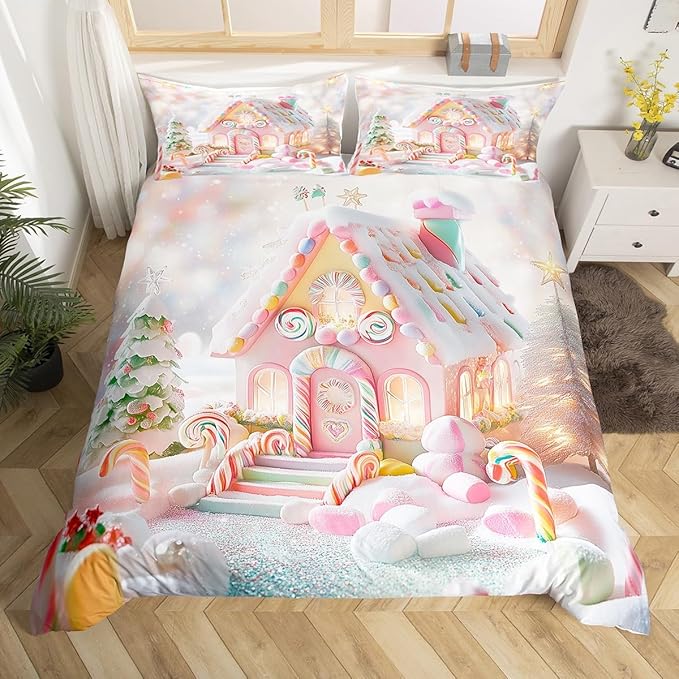 Manfei Christmas Kids Duvet Cover Set Twin Size, Cute Candy Cabin Xmas Bedding Set for Boys Girls Room Decor, New Year Theme Comforter Cover, Lightweight Bedspread Cover, 1 Pillowcase, No Comforter