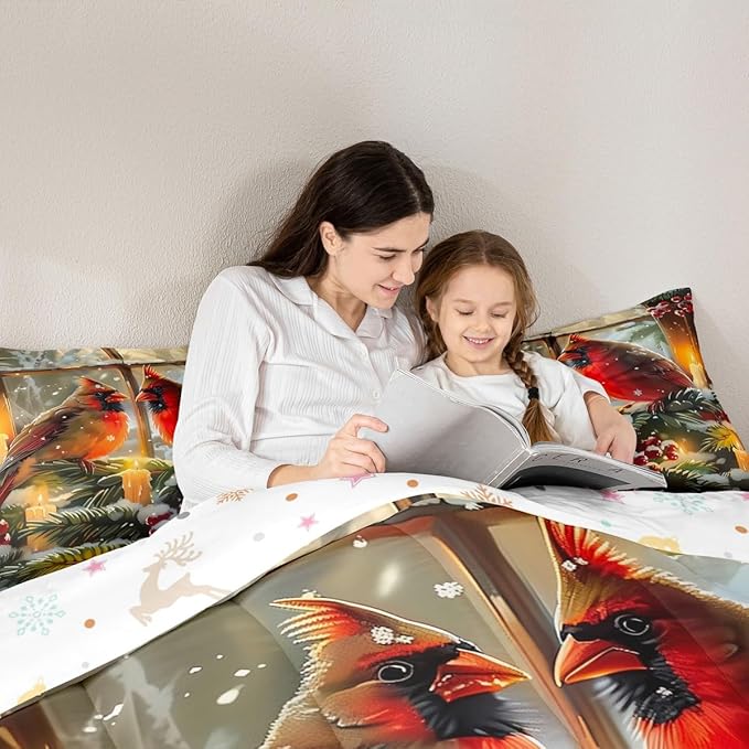 Feelyou Merry Christmas Kids Comforter Set Toddler Size Cardinal Bedding Set Winter Bird Duvet Quilt for Kids Boys Girls Bedroom Red Berries Decor Microfiber Ultra Soft Breathable