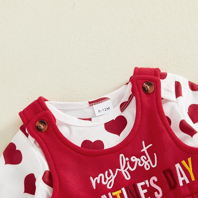 FIOMVA My First Valentines Day Outfit Clothes Baby Girl Romper Love Onesie Heart Embroidery Overalls Suspender Dress Set