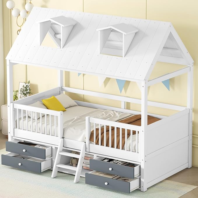 Merax Wood Montessori House Bed Frame with Roof and Windows for Boys Girls Teens, Twin Kids Playhouse Bed with Guardrails and Storage Drawers for Children's Room, Bedroom, Wood Slats Support, White
