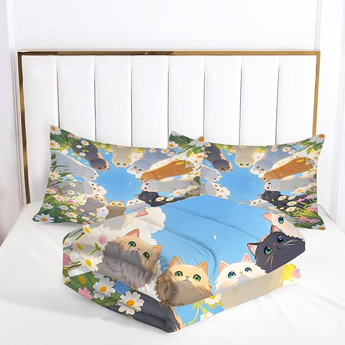 Cat Comforter Set Twin: Cute Floral Cats Bedding Set Blue Sky Daisy Kitten Quilt for Girls Kids Teens Toddler Kawaii Flowers Feline Bed Sets 1 Comforter & 1 Pillowcase