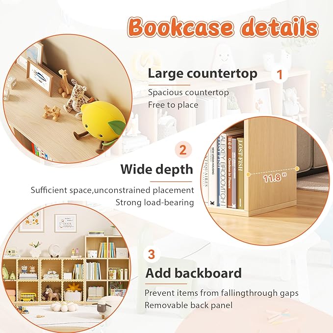 8 Cube Storage Organizer, Cubby Storage Organizer, Cube Shelf with Back Plate, Wooden Kids Bookcase for Toy, Solid Wood Cube Storage for Living Room/Bedroom/Hallway/School, Easy to Install