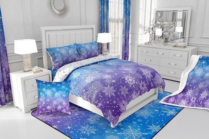 Feelyou Christmas Bedding Set Soft for Boys Girls, Winter Snowflake Comforter Set Twin Size Purple Blue Gradient Duvet Quilt Microfiber Bedroom Decor 2 Pcs with 1 Pillow Cases