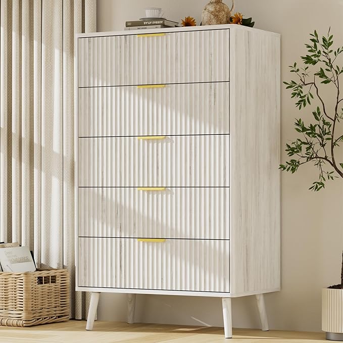 LYNSOM Fluted Dresser and Nightstand Sets 2 Piece, 2-Drawer Nightstands and 5-Drawers Dresser, Wood Bedroom Furniture Set for Home, Bedroom, Hallway, White