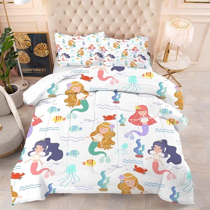 kxry Little Mermaid Princess Comforter Set King Size Fairy Tale Sea Shell Grass Bedding Sets for Girls Teens Kids Soft Microfiber Lightweight Comforter Set with 1 Comforter + 2 Pillow Cases