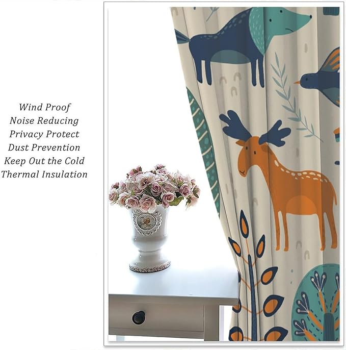 Kids Forest Animal Curtains, Rustic Cartoon Cute Wild Animal Window Treatments Woodland Safari Animal Fox Deer Bear Window Drapes for Girls Boys Nursery Toddler Bedroom 42x45in