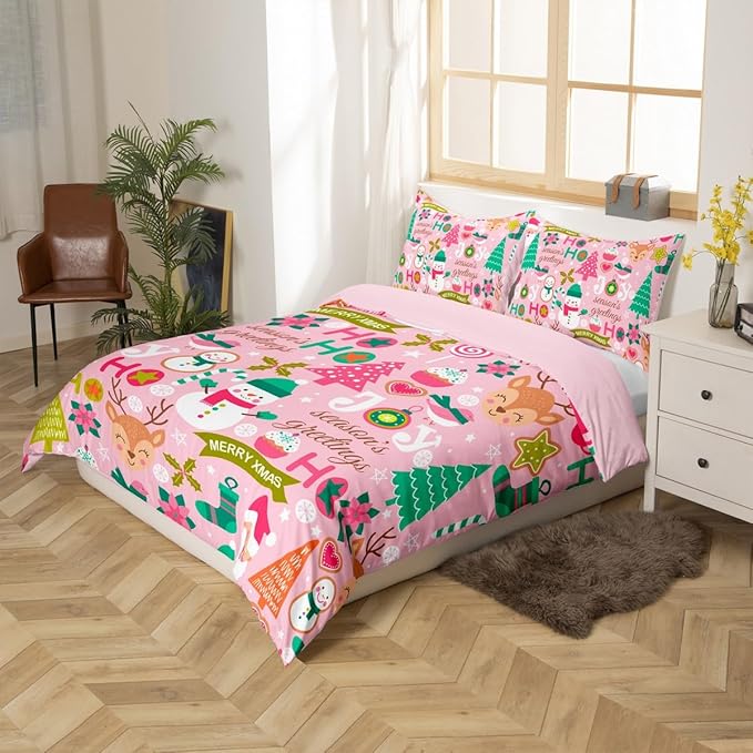 Feelyou Kids Pink Merry Christmas Bedding Set King Merry Christmas Tree and Snowman Duvet Cover for Bedroom Decor Xmas Comforter Cover Set Snowflake Holiday Bedspread Cover with 2 Pillow Case