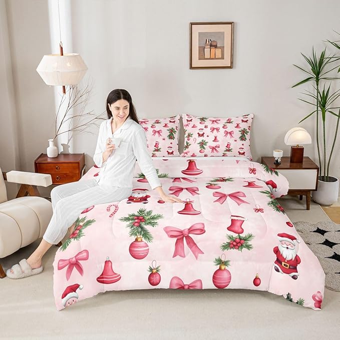 Feelyou Santa Claus Bedding Set Soft for Boys Girls, Pink Bow Comforter Set Queen Size Christmas Ornament Duvet Quilt Microfiber Candy Cane Bedroom Decor Holly Berry 3 Pcs with 2 Pillow Cases