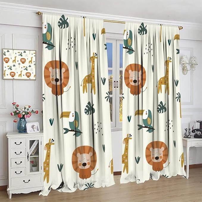 Cute Lion Window Curtains for Kids Bedroom,Cartoon Woodland Jungle Forest Wildlife Little Lion Giraffe Owl Palm Tree Printed Pattern Blackout Drapes for Living Room Baby Nursery Room 72x63in