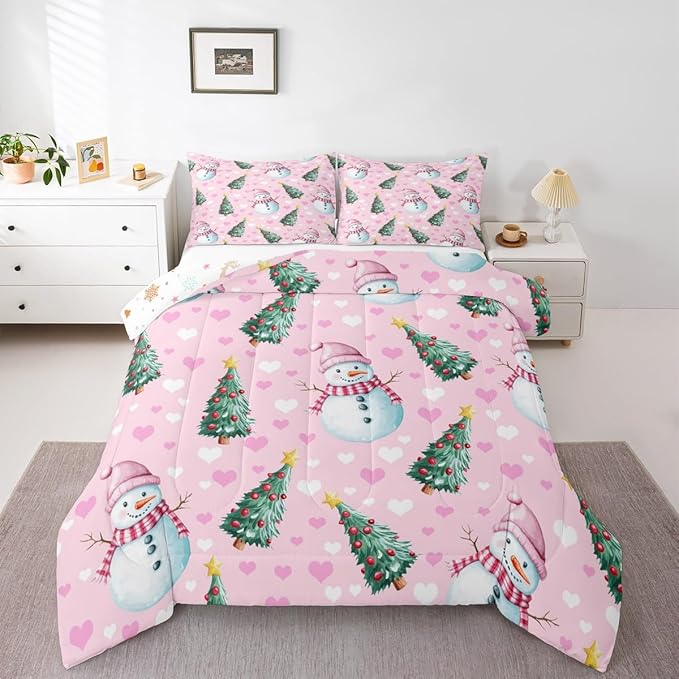 Feelyou Merry Christmas Comforter Set All Season Cute Snowman Bedding Set with 1 Pillow Cases Christmas Tree Microfiber Kids Twin Bedclothes Love Hearts Duvet Quilt Breathable Soft Lightweight