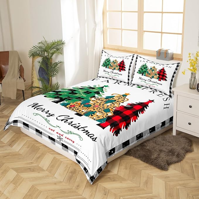Manfei Christmas Tree Duvet Cover Set King Size, New Year Theme Comforter Cover with 2 Pillowcases, Leopard Plaid Print Xmas Bedding Set 3pcs for Kids Boys Girls Bedroom Decor,No Comforter