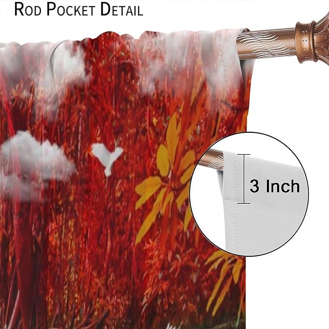 Nature Blackout Curtains, Waterfall Landscape Forest River Crane Fish Floral Pattern Rod Pocket Window Drapes, for Bedroom Living Room 52" W X 84" L