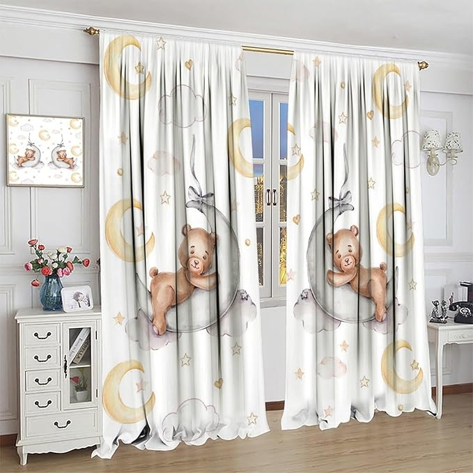Cartoon Bear Curtains, Cartoon Watercolor Lovely Bear Moon Stars Printed Blackout Window Treatments, Rod Pocket Thermal Insulated Drapes 2 Panel Sets for Kids Bedroom Nursery Classroom, 63"W X 72"L
