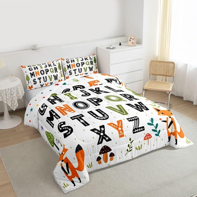 Feelyou Educational Nursery Art Comforter Set Toddler Size Alphabet Kids ABC Learning Bedding Set for Kids Boys Girls Cute Fox Duvet Quilt Woodland Animals Bedroom Decor 2 Pcs with 1 Pillow Cases