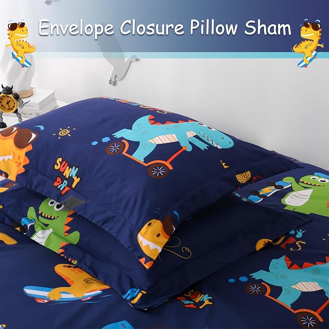 JSD Sports Dinosaur Kids Duvet Cover Set Twin Size, 2 Piece Cute Printed Microfiber Comforter Cover with Pillow Sham Zipper Closure, Comforter Not Included