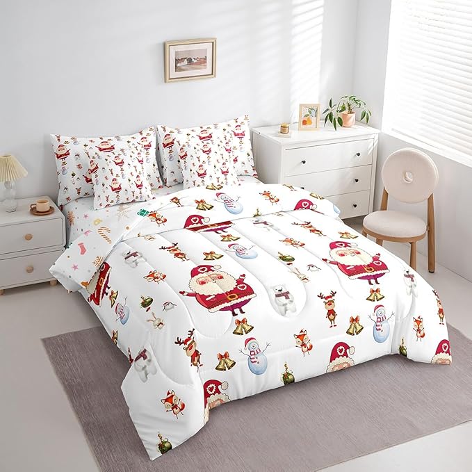 Feelyou Christmas Bed Set Cute Snowman Santa Claus Kids Decorations Bed in a Bag Boys Girls Bear Rabbit Comforter Set with Sheets Christmas Bells Design White Bedding Set Bedding Queen Size