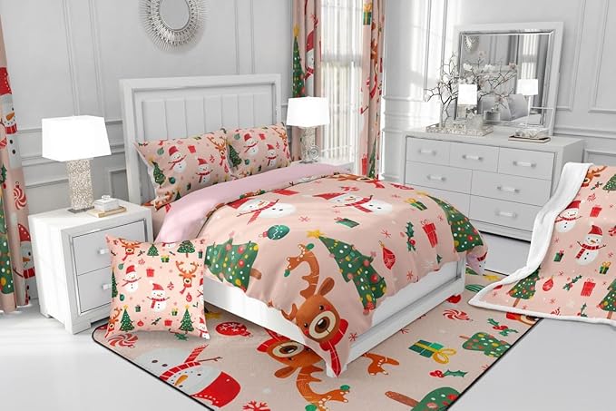 Feelyou Christmas Comforter Set Twin Size Snowman Bedding Set for Kids Boys Girls Deer Xmas Tree Duvet Quilt New Year Gift Bedroom Decor Snowflake Microfiber 2 Pcs with 1 Pillow Cases