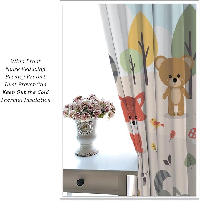 Kids Cartoon Forest Animal Curtains, Cute Woodland Animal Window Treatments for Bedroom Wildlife Fox Bear Deer Bunny Bird Blackout Window Drapes for Girls Boys Nursery Toddler Playroom 42x54in