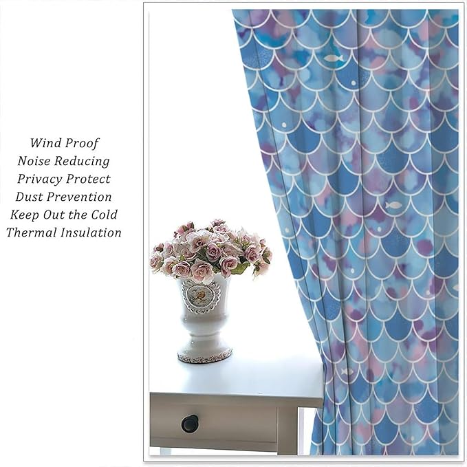 Mermaid Blackout Curtains, Kids Cartoon Blue and Pink Ocean Mermaid Scale Pattern Decoration for Girls Bedroom Nursery Curtains 63x72 Inch