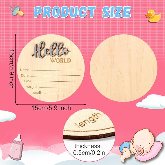 Newborn Announcement Sign, 5.9in Wooden Hello World Baby Welcome Sign Birth Plaques for Newborn Girls Boys Photo Props Baby Shower Hospital Nursery(Grey)