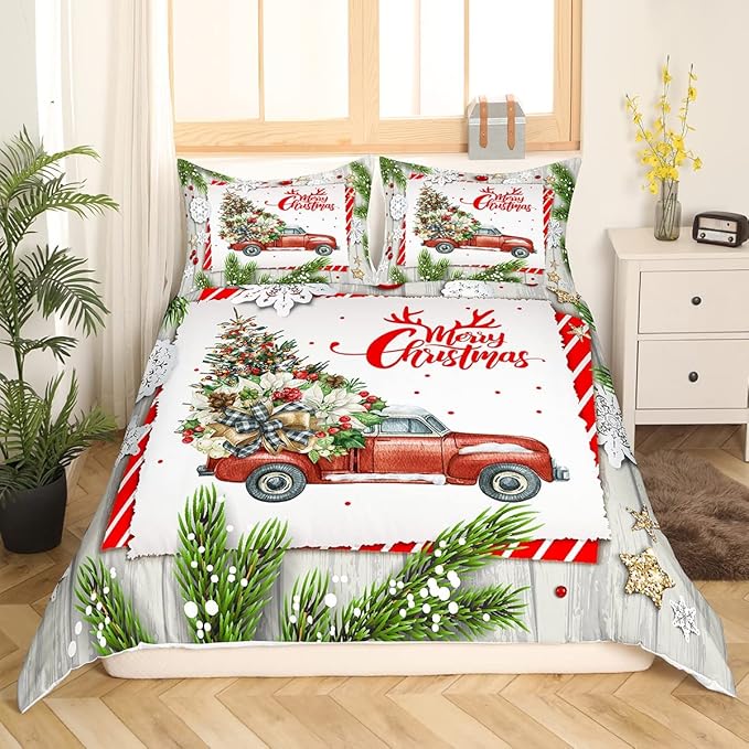 Christmas Kids Bedding Set Christmas Tree Racing Car Duvet Cover for Boys Children Teens Bedroom Decor Snowflake Xmas Theme Comforter Cover Set New Year Bedspread Cover Full Size with 2 Pillow Case