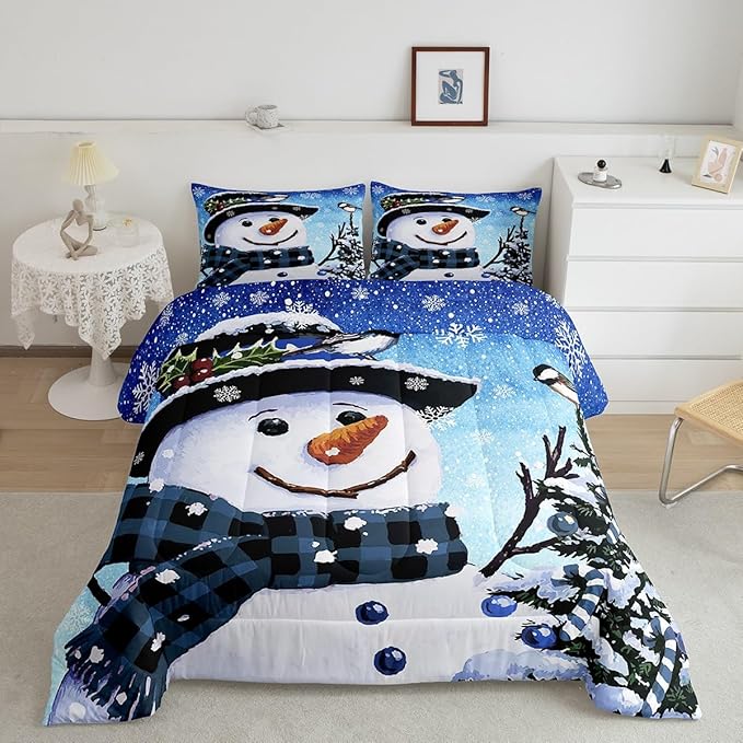 Feelyou Kids Christmas Theme Decorations Bedding Set Xmas Snowman Comforter Set for Boys Girls Snowflake Kawaii Cute Gradient Blue Bedroom Collection King Size