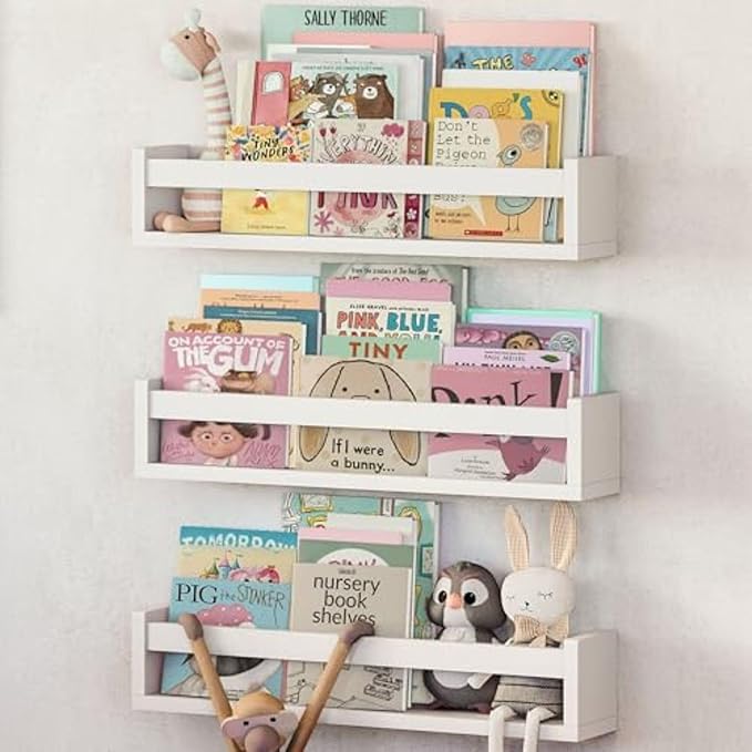 NATURE SUPPLIES Set of 3, 16.4" White Floating Nursery Shelves for Wall, Kids Bookshelf for Bedroom, Nursery Storage, Decorative Display for Kids Rooms, Modern Wall-Mounted Organizer for Home