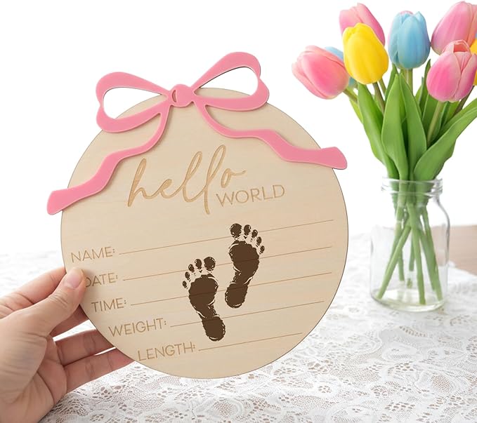 Baby Name Announcement Sign - Wooden Hello World Newborn Sign - Pink Bow Nursery Decor Welcome to the World Baby Girl Newborn Signs for Hospital