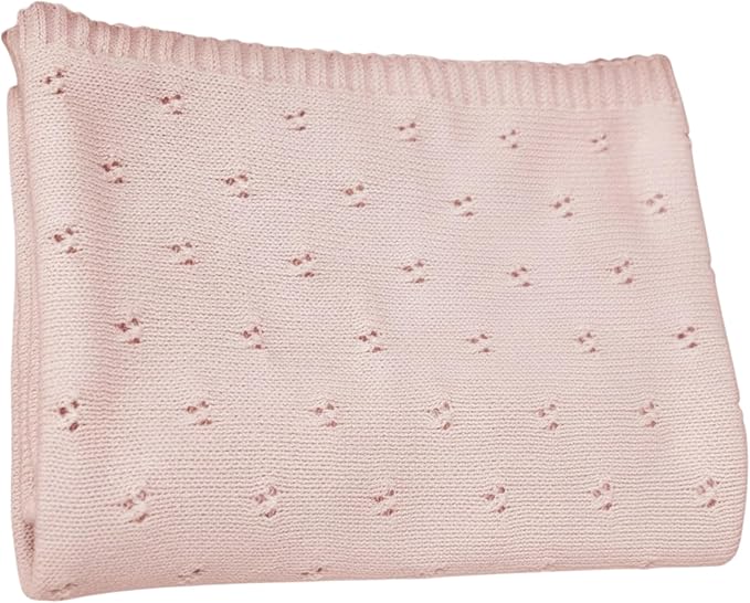 Baby Knit Blanket, 100% Cotton Eyelet Patterns, Soft, Cozy, Lightweight Swaddle for Newborn & Infant Swaddling Beige Neutral, Perfect Baby Shower Ideas Pink 30x30