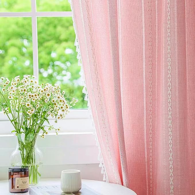 Deeprove Pink Boho Curtains 96 Inches Long for Bedroom Living Room Nursery, Bohemian Chic Textured Embroidery, Vintage Handmade Tassels Country Decor Drapery, Rod Pocket, 1 Panel W52 x L96, Blush
