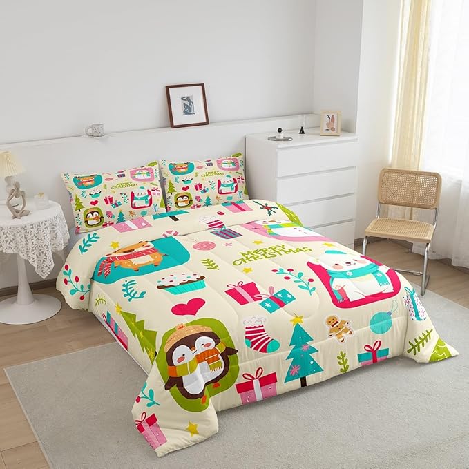 Erosebridal Merry Xmas Comforter Set Toddler Size Christmas Tree Quilt for Kids Boys Girls Cartoon Penguin Bear Bedding Set Cute Deer Elk Duvet Insert with 1 Pillow Case
