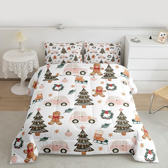 Feelyou Xmas Tree Car Comforter Set All Season Gingerbread Man Bedding Set with 2 Pillow Cases Garland Microfiber Kids Full Bedclothes Bedroom Decor Duvet Quilt Breathable Soft
